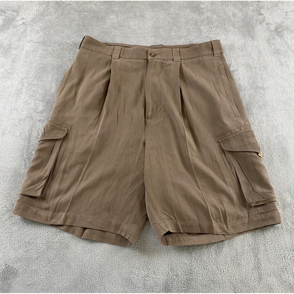 Island Republic Mens 100% Silk Herringbone Pleated Cargo Shorts Taupe Brown 34